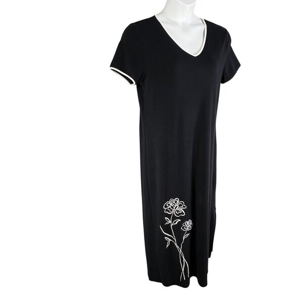 Talbots Womens M Black Maxi Dress Floral Embroidery Short Sleeve V-Neck Hippie - Picture 6 of 13